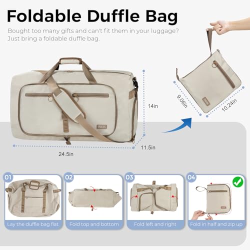 Fmeida 65L Duffle Bag with Shoes Compartment, Foldable Travel Duffel Bags for Men Women, Large Packable Travel Bag Water Repellent & Tear Resistant (Beige) - color: Glossy Beige