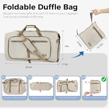 Fmeida 65L Duffle Bag with Shoes Compartment, Foldable Travel Duffel Bags for Men Women, Large Packable Travel Bag Water Repellent & Tear Resistant (Beige) - color: Glossy Beige