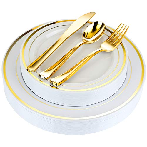 125-Piece White and Gold Fancy Plastic Plates Disposable with Silverware, Elegant Dinnerware for Weddings, Holiday Party China, Set of 25 Dinner + Salad Plates, 25 Spoons, 25 Forks, 25 Knives - color: Gold Rim