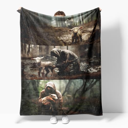 Jesus and Lamb Throw Blankets Jesus Runs Toward A Lost Lamb Blankets Christian Gift He Run He Rescued He Carried God Blankets for Women Men Gift Jesus Blanket for Couch Sofa 70"x80" - color: A002 Jesus and Lamb Blankts, size: 70"W X80"L(178X203CM)