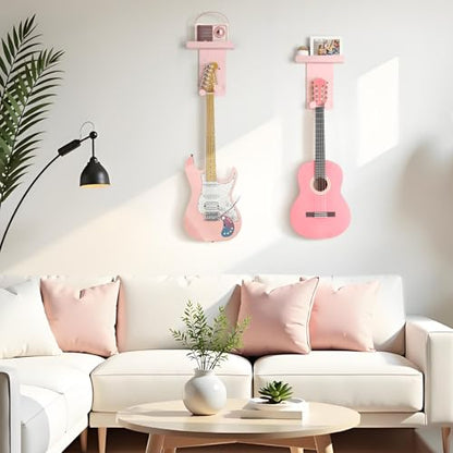 Keebofly 2-Pack Guitar Wall Mount Hanger with Shelf & Pick Holder - Wood Wall Hook for Acoustic, Electric, Bass Guitars, Ukulele (Screw-Mounted, Pink) [Patented] - color: 2 Pack_Pink
