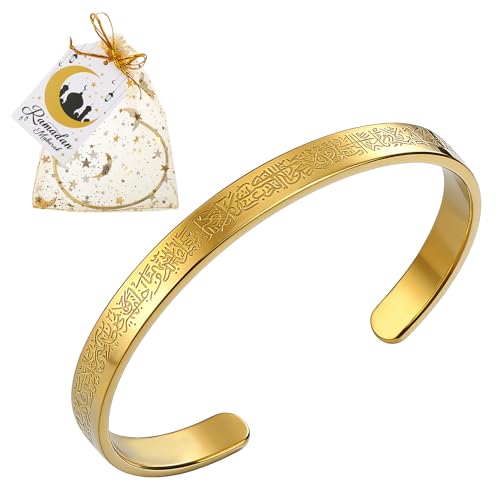 Cosweet 6/12/24 Sets Ayatul Kursi Bracelet Ramadan Eid Gifts Bulk - Gold Arabic Quran Cuff Bracelets with Ramadan Mubarak Cards & Drawstring Pouches for Party Favors, Islamic Muslim Jewelry for Women