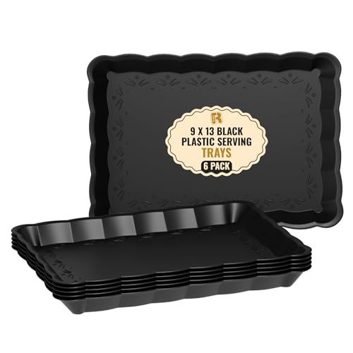 6 Pack Black Plastic Serving Trays - 9 x 13 Party Serving Trays and Platters - Black Serving Tray - Serving Platter Tray for Party - color: Black
