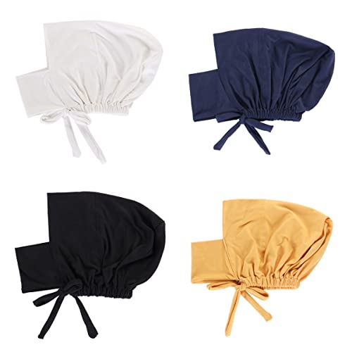4 Pieces Muslim Hijab Inner Cap Cover Chin with Tie Back Stretchy Islamic Underscarf Underwrap Bonnet Turban Hat - color: White Navy Black Yellow