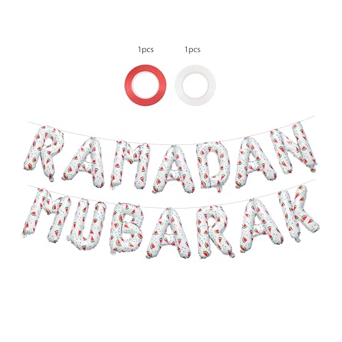 White Watermelon Ramadan Mubarak Foil Letter Balloons | Ramadan Palestine Themed Decoration by My Salah Mat Official Web Store - style: Ramadan Foil Balloons (White)