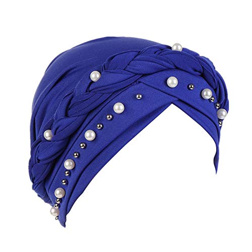 Fxhixiy Women Chemo Beanie Beaded Pearl Braid Turban Headwear for Hair Loss - color: Blue