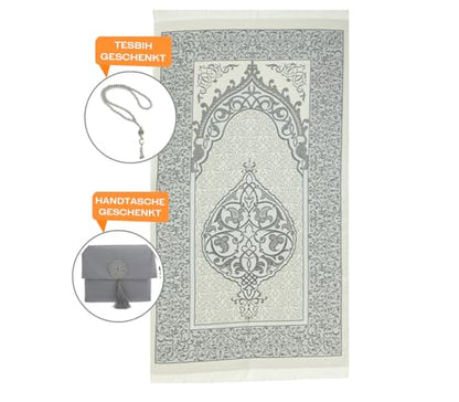 Prien Muslim Prayer Rug with Tasbih and Portable Bag, Muslim Gift for Women Men, Mubarak Islamic Box, Soft Mat Islam Gifts Set, Turkish Sajadah for Ramadan, Eid, Hajj, Travel, Pray (Grey) - color: Grey