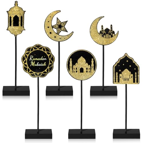 6 Pcs Ramadan Kareem Wooden Table Decors for Eid Mubarak Party Decorations Moon Star Islamic Mosque Signs Double Sided Print Tabletop Decor Eid Party Tiered Tray Decor for Islamic Allah Muslim Gifts