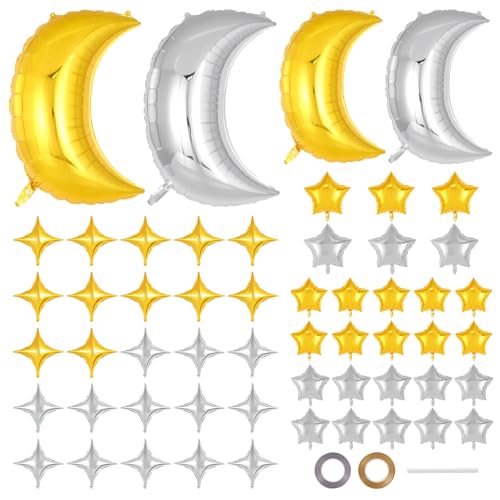 55 Pcs Gold and Silver Moon and Star Foil Balloons, 36 Inch and 28 Inch Moon Mylar Balloons, 18 Inch and 10 Inch Star Mylar Balloon for Wedding, Baby Shower, Birthday Party Decorations - color: Gold and Silver