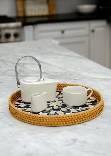 Magenta & Teal Round Rattan Serving Tray with Mother of Pearl Inlay, Wicker Coffee Table Decor, Farmhouse Style (Blue Tan Flower) - color: Blue Tan Flower