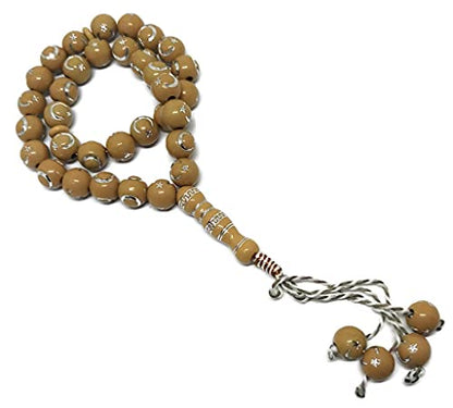 Muslim Bead Tasbih 33 Rosary AMN-277 Islam Prayer dhikr Misbaha with Moon Star Engraved on Islamic Religion Eid Ramadan Gift (Light Brown) - color: Light Brown