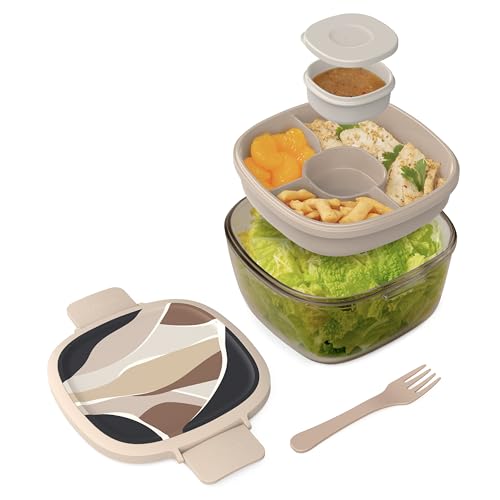 Bentgo Glass Prints Salad Container - 7.6-Cup Tinted Glass Salad Bowl with Airtight Lid, Leak-Proof Sauce Container, 4-Compartment Bento Meal Prep Tray & Reusable Fork (Inky Abstract - Neutrals) - color: Inky Abstract - Neutrals