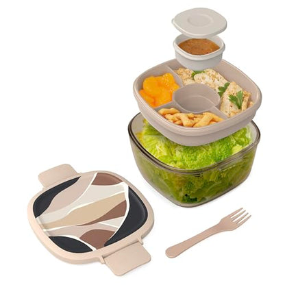 Bentgo Glass Prints Salad Container - 7.6-Cup Tinted Glass Salad Bowl with Airtight Lid, Leak-Proof Sauce Container, 4-Compartment Bento Meal Prep Tray & Reusable Fork (Inky Abstract - Neutrals) - color: Inky Abstract - Neutrals