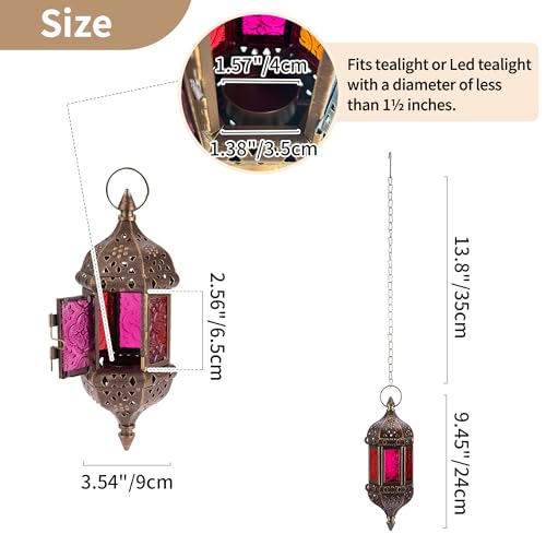6 Pcs Hanging Hexagon Decorative Moroccan Candle Lantern Holders, Handmade Hanging Tea Light Holder in Bronze Metal & Red & Purple Glass Gift & Decor Items | Hexagon Metal Frames, Red & Purple & Yellow Glass Panels, Handmade Look, for Weddings, Parties, D