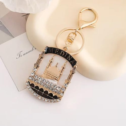 2 Pcs Sparkling Rhinestone Medina Mosque Keychain Purse Charm Islamic Keyring Pendant for Purse Bag Accessories