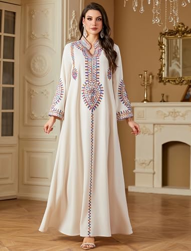 ABEWIP Muslim Dresses for Women Ramadan Kimono Long Sleeve Embroidered Islamic Prayer Dress Turkey Dubai Eid Abaya Kaftan - color: Apricot, size: Large