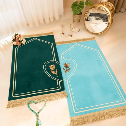 Drydiet 2 Pcs Muslim Couple Prayer Rug Set Heart Design with 2 Pcs Prayer Beads Islamic Muslim Gift Green Travel Mat Soft Velvet Mat for Couple Women Men Ramadan Eid Wedding Birthday - color: Sea Green