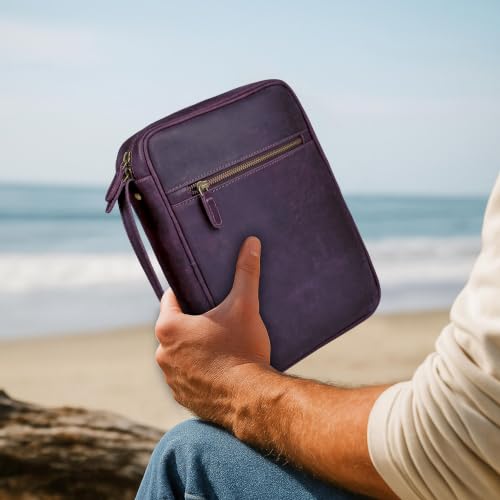 LEATHER VILLAGE Large Leather Bible Cover with Carry Handle & Zipper Purple | Bible Case Fits Standard, Large & Study Bibles up to 10.5 x 8 x 2.5 In, Ideal for men, women, Church & Travel, Handmade
