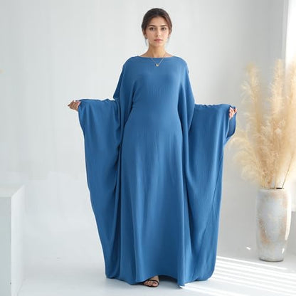 Abaya Dress for Women Soft Crepe Like Linen Khimar Butterfly Batwing Dubai Islam Muslim Kaftan Modest Prayer Dress - color: Blue, size: Medium