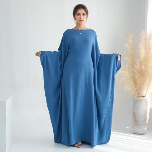 Abaya Dress for Women Soft Crepe Like Linen Khimar Butterfly Batwing Dubai Islam Muslim Kaftan Modest Prayer Dress - color: Blue, size: Large