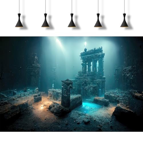 Fantasy Lost Underwater City Aquarium Background Misty Ancient Temple Stone Columns Fish Tank Background Under Water Magical Foggy Ruined Atlantis Buildings Reptile Tank Enclosure Backgrounds 30x18in - color: Light Blue, size: 30(W)x18(H)inches/ 75(W)*45c