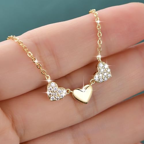 Moissanite 3-Heart Pendant Necklace for Women | 0.3CTTW D Color VVS1 Moissanite 14K Gold Plated Eternal Heart Pendant for Wife Mom Birthday Jewelry Gifts - color: Gold