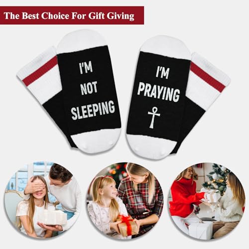 I'm Not Sleeping - Christian Faith Cross Socks Crew Socks, Religious Socks for Adults Teens Prayer, Pastor Gifts - color: Black and White, Red Line