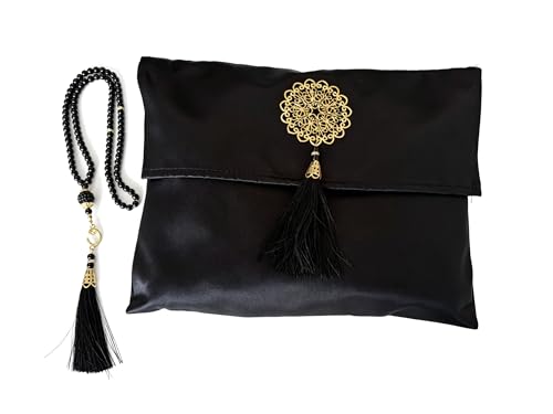 Islamic Gifts Set: Black Portable Muslim Prayer Rug with Tasbih and Travel Bag - Perfect Ramadan, Eid Mubarak, and Hajj Gift for Men and Women Soft Turkish Sajadah for On-the-Go Praying - color: Black