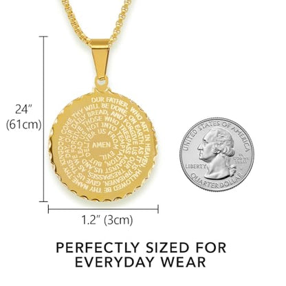 Steeltime Stainless Steel Lords Prayer Necklace with Simulated Diamonds - color: Gold, style: Round Pendant