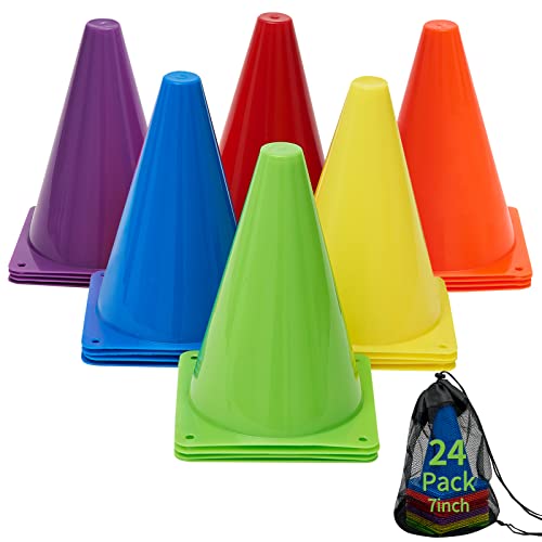 Cones Sports, Small Training Cones Set for Soccer Practice, 24 Pack 7 Inch Agility Field Cone Marker for Football Basketball Drills, Plastic Multi color Baseball Cone for Outdoor Indoor Games