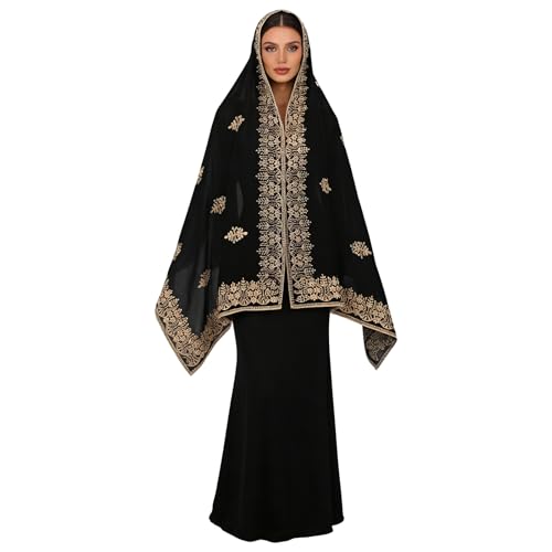 OhMill Black Hijab Scarf Soft Floral Embroidered Chiffon Headscarf Lightweight Lace Scarves Long Shawl Wrap for Women Wedding - color: Leave
