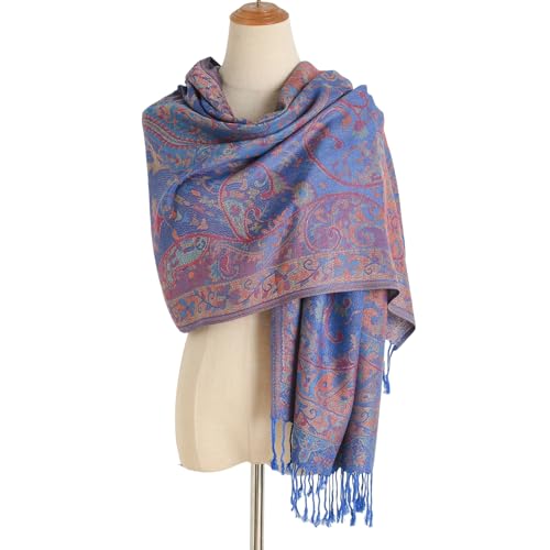 Paisley Pashmina Rave Shawl Scarf-Women's Reversible Ethnic Jacquard Pashmina Wraps for Travel - color: A#. Klein Blue