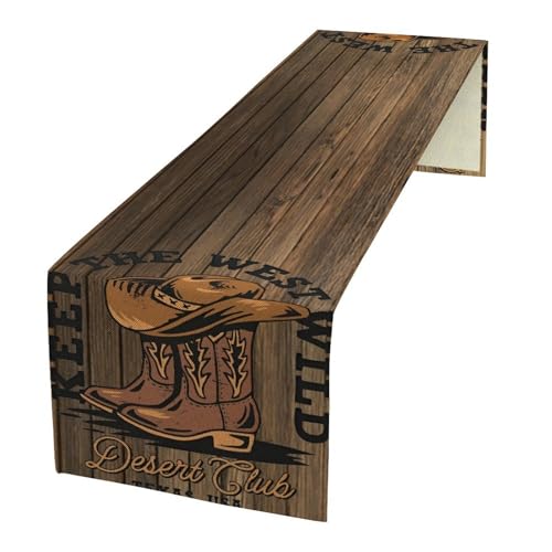 Rustic Western Table Runner, Wild West Cowboy Hat Boot Wooden Design Farmhouse Country Table Runner for Kitchen Dining Party, 13x36 Inch - color: Cowboy -9, size: W13"x L36"