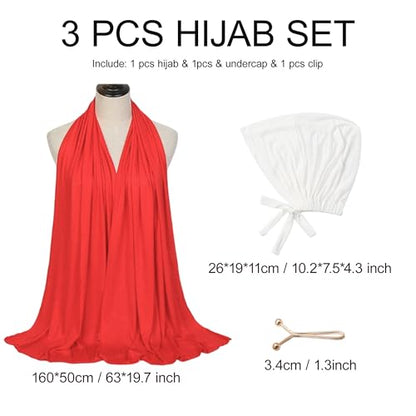 Hijab Scarf for Women, 3PCS Set with Undercap and Hijab Clip Lightweight Modal Muslim Head Wrap Scarf for Daily - color: Sy12-red Hijab+white Undercap