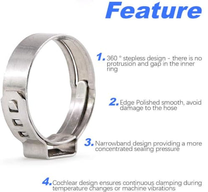 50Pcs 15mm-17.5mm （1/2"）Single Ear Hose Clamp Hose Crimp Clamps Ear Crimp Rings Ear Stepless Hose Clamp Pinch Clamps for Hose Pipe Clamp Tools (1/2inch) - size: 1/2inch