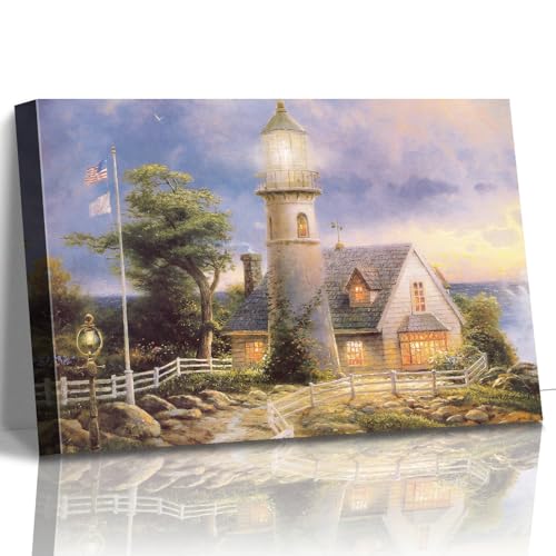 STUDIO HAVEN Thomas Kinkade Canvas Wall Art, Lighthouse Cottage Beacon with American Flag White Fence Ocean Sunset Oil Painting Poster Coastal Wall Decor, Framed Prints for Home Decor, 16x12Inch - color: Thomas024, size: 16"L x 12"W