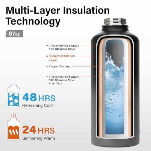 DYSANKY Insulated Water Bottle | Thickened Stainless Steel for Gym and Hiking with Straw, Carrier Bag, Handle Strap | BPA-Free 87 oz - color: Black/Gray, size: 87 Ounces
