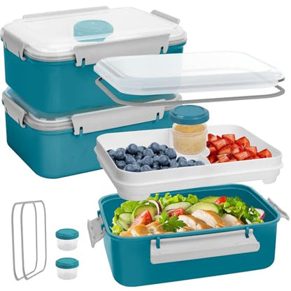 3 Pack Salad Lunch Box Food Storage Containers, 47oz Bento Box To Go Container with Lids, Meal Prep Containers with Removable Tray & Dressing Pots for Kids and Adults, Reusable and Microwave Safe - color: Navy & Navy & Navy