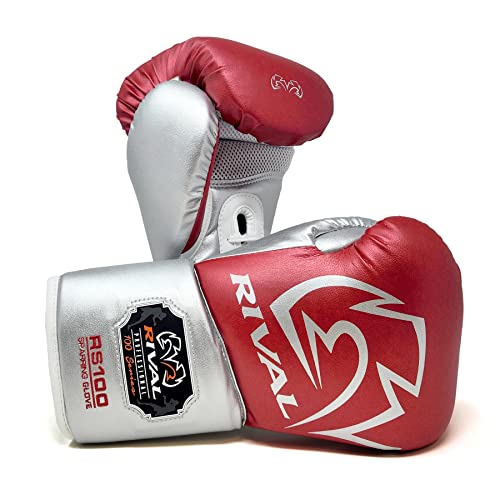RIVAL Boxing RS100 Professional Lace-Up Sparring Gloves, Handcrafted with Super-Rich Microfiber PU, Ergonomically Designed to Perfectly Fit Your Hand - color: Red/Silver, size: 18 oz.