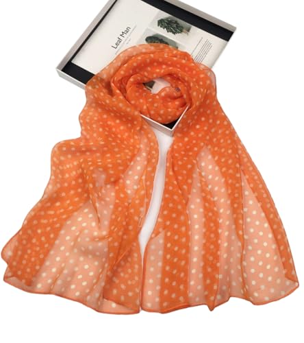 Long Chiffon Sheer Scarf For womens - color: Orange (Polka Dots)