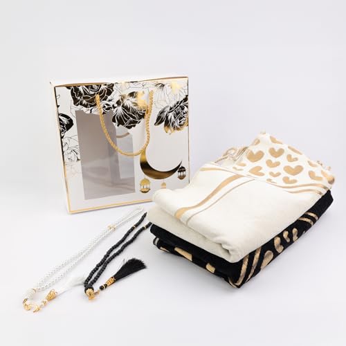 Couple Muslim Prayer Rug Set, 2 Pcs Chenille Mats & Gift Bag - color: Black-white