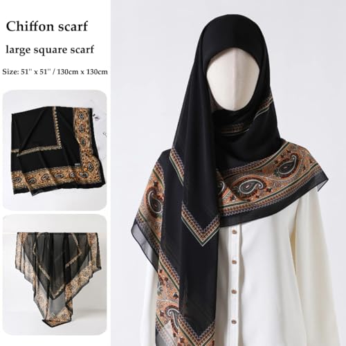 K-Elewon Large Square Scarf 51" Headscarf Chiffon Fashion Scarves Turbans Hair Wrapping Scarfs - color: A-black