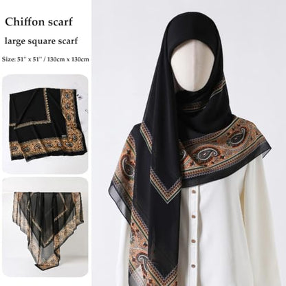 K-Elewon Large Square Scarf 51" Headscarf Chiffon Fashion Scarves Turbans Hair Wrapping Scarfs - color: A-black