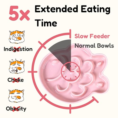 Ceramic Cat Slow Feeder Bowl - Shallow Whisker Friendly Cat Plate for Dry and Wet Food - Puzzle Feeder for Slow Eating - Helps Reduce Vomiting - Microwave & Dishwasher Safe -Non Slip(Pink, 6.3''W) - color: Pink
