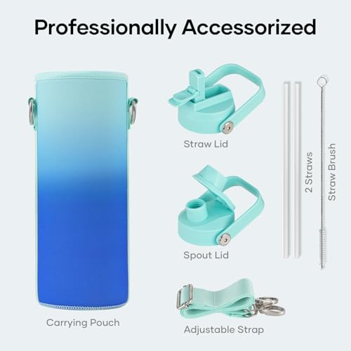 BUZIO 24 oz Insulated Water Bottle, Stainless Steel Wide Mouth Water Flask with Straw Lid, Cold for 48 Hrs Leak Proof Metal Hydro Thermo Canteen Mug, Caribbean Blue - color: Caribbean Blue, size: 24 Ounces