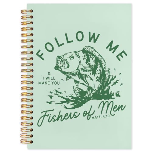 WUCHJ Green Retro Fish Christian Notebook, Matthew 4:19 Bible Verse Journal, Religious Scripture Spiral Notebook Journal for Note Taking, Christian Faith Based Gifts for Women Men, 5.5x8.3 Inch - color: green fish follow me