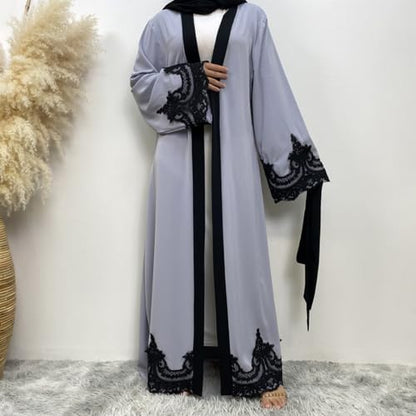 AFAVOM Women Turkey Abaya Islamic Muslim Prayer Dress Embroidered Cardigan Kaftan Dubai Robe Casual Turkish Modest Dress - color: Gray, size: X-Large