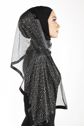 Stylish Mona Hijab Women's Black Kuwaiti with Chiffon Wrap Shawl & Satin Trim - color: Black With Gold Dots