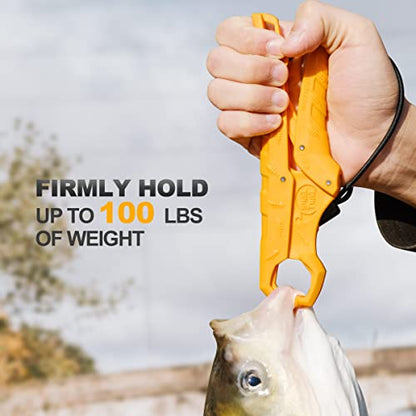 7.5'' Floating Fish Gripper, Fishing Grabber | Catfish Mouth Pliers, Caught Bass Holder, Fish Scale Hook Clamp, Saltwater Lip Grip Tool with Lanyard, Gifts for Men - color: Yellow