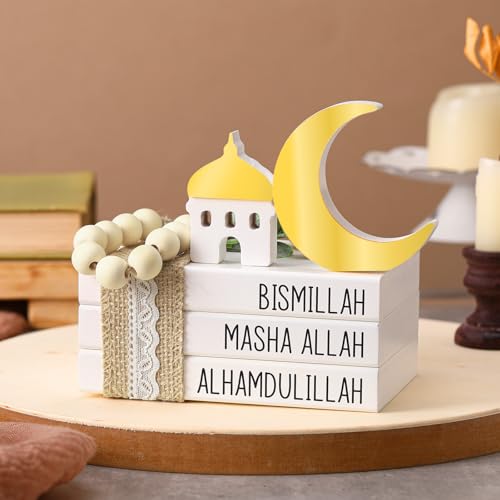 Blulu Islamic Wooden Tiered Tray Decor White Book Stack Golden Moon and Beads Start with Bismillah End with Alhamdulillah for Farmhouse Eid Muslim Ramadan Home Tabletop Art Decor(Bismillah) - style: Bismillah